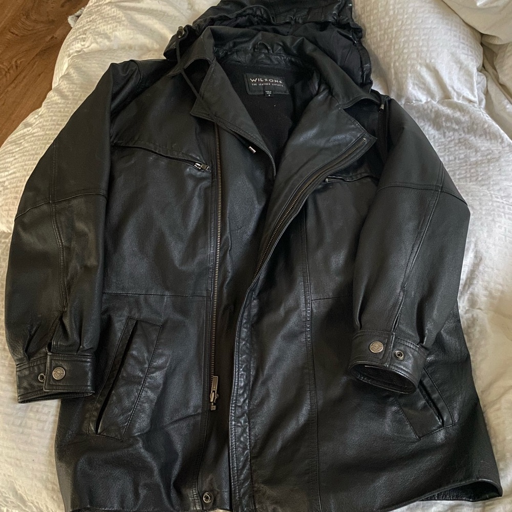 Wilson Black Leather Jacket with Hood and Adjustable Cuffs